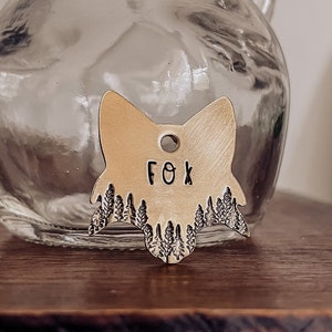 Custom Personalized Dog Tag, Pet ID Tag, Metal Hand Stamped Dog Tag | Forest Design Fox Head Shaped Dog Tag 1 1/4&quot; x 1 1/8&quot;