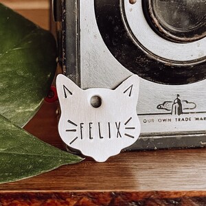 Custom Personalized Cat Tag, Pet ID Tag, Metal Hand Stamped Cat Tag | Cat Tag | Cat Design Cat Shaped Cat Tag 1 1/8&quot;