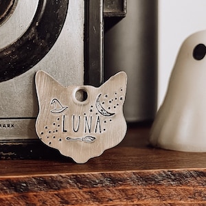 Custom Personalized Cat Tag, Pet ID Tag, Metal Hand Stamped Cat Tag | Cat Tag, Halloween, Witch Hat | Witch Design Cat Shaped Cat Tag 1 1/8&quot;