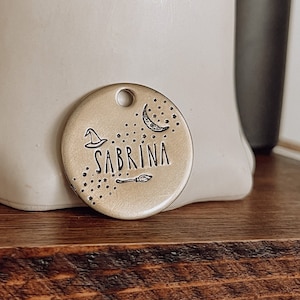 Custom Personalized Dog Tag, Pet ID Tag, Metal Hand Stamped Dog Tag | Halloween, Witch Hat, Spooky | Witch Vibes Design