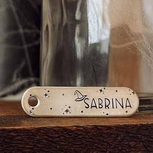 Custom Personalized Dog Tag, Pet ID Tag, Metal Hand Stamped Dog Tag | Halloween, Spooky, Witch | Witch Design Oblong Shaped