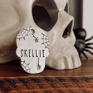 Custom Personalized Dog Tag, Pet ID Tag, Metal Hand Stamped Dog Tag | Halloween | Spooky Spider Design Skull Shaped Dog Tag 1&quot; x 1 3/8&quot;