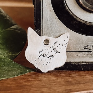 Custom Personalized Cat Tag, Pet ID Tag, Metal Hand Stamped Cat Tag | Cat Tag | Nighttime Adventure Design Cat Shaped Cat Tag 1 1/8&quot;