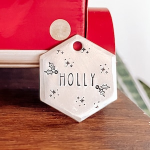 Custom Personalized Dog Tag, Pet ID Tag, Metal Hand Stamped Dog Tag | Holiday | Holly Leaves Design 1 1/4&quot; (Textured Edges) Hexagon Dog Tag