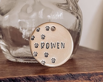 Custom Personalized Dog Tag, Pet ID Tag, Metal Hand Stamped Dog Tag | Paw Print Design