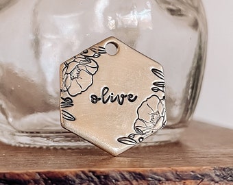 Custom Personalized Dog Tag, Pet ID Tag, Metal Hand Stamped Custom Dog Tag | Poppy, Poppies, Floral | Floral Poppy Hexagon Design
