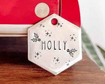 Custom Personalized Dog Tag, Pet ID Tag, Metal Hand Stamped Dog Tag | Holiday | Holly Leaves Design 1 1/4" (Textured Edges) Hexagon Dog Tag