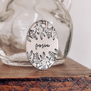 Custom Personalized Dog Tag, Pet ID Tag, Metal Hand Stamped Dog Tag | Floral, Floral Bouquet | Wildflowers Design Oval Shaped 1" x 1 1/2"