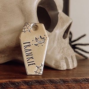 Custom Personalized Dog Tag, Pet ID Tag, Metal Hand Stamped Dog Tag | Halloween | Spooky Design Coffin Shaped Dog Tag 7/8&quot; x 1 1/2&quot;