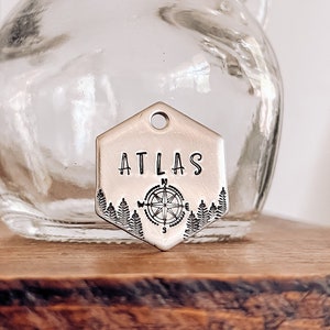 Custom Personalized Dog Tag, Pet ID Tag, Metal Hand Stamped Dog Tag | Compass + Trees Hexagon Dog Tag