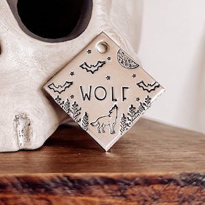 Custom Personalized Dog Tag, Pet ID Tag, Metal Hand Stamped Dog Tag | Wolf, Moon, Bats, Trees, Halloween | Midnight Wilderness 1&quot; Square