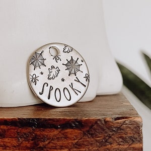 Custom Personalized Dog Tag, Pet ID Tag, Metal Hand Stamped Dog Tag | Ghost, Spider, Halloween, Fall, Spooky | Halloween Night Design