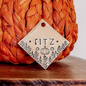 Custom Personalized Dog Tag, Pet ID Tag, Metal Hand Stamped Dog Tag | Fall | Pumpkin Woodland Wilderness (With Textured Edges) 1&quot; Square