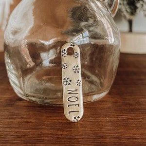 Custom Personalized Dog Tag, Pet ID Tag, Metal Hand Stamped Dog Tag | Holiday, Christmas | Snowflake Design Oblong Shaped