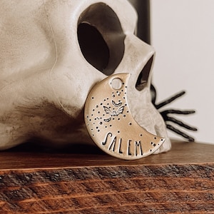 Custom Personalized Dog Tag, Pet ID Tag, Metal Hand Stamped Dog Tag | Bats, Stars, Halloween | Midnight Bats Moon Shaped 1 1/4&quot; Design