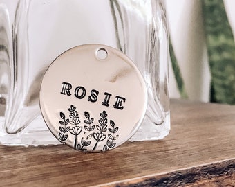 Custom Personalized Dog Tag, Pet ID Tag, Metal Hand Stamped Dog Tag | Flower, Flowers, Lavender, Wildflowers | Floral Bouquet Design