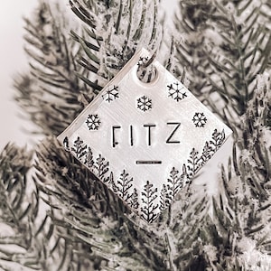 Custom Personalized Dog Tag, Pet ID Tag, Metal Hand Stamped Dog Tag | Snowy Woodland Wilderness Design (Textured Edges) 1&quot; Square Dog ID Tag