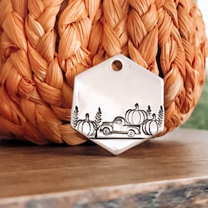 Custom Personalized Dog Tag, Pet ID Tag, Metal Hand Stamped Dog Tag | Pumpkins, Trees, Truck, Autumn |  Fall Harvest Hexagon Design