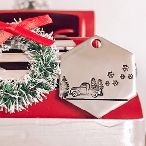 Custom Personalized Dog Tag, Pet ID Tag, Metal Hand Stamped Dog Tag | Truck, Snowflake, Winter | Christmas Tree Design Hexagon Dog Tag