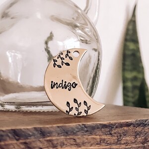 Custom Personalized Dog Tag, Pet ID Tag, Metal Hand Stamped Dog Tag | Olive Branch Design Moon Shaped Dog Tag 1 1/4&quot;