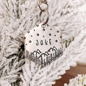 Everest Adventure Tag | Hexagon Dog ID Tag, Metal Hand Stamped Custom Dog Tag | Mountains, Stars, Snow, Trees