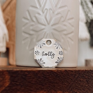 Custom Personalized Dog Tag, Pet ID Tag, Metal Hand Stamped Dog Tag | Christmas, Holiday | Snowflakes Octagon Dog Tag (Textured Edges)