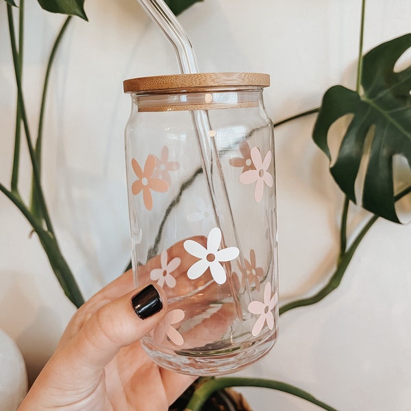 Floral Iced Coffee Glass with Bamboo Lid & Glass Straw 16 oz | Beer Can Glass, Can Glass, Tumbler, Flowers, Flower, Floral, Cup, Cups