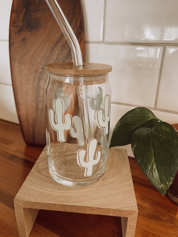 Drinking Glasses with Bamboo Lids and Glass Straw 12oz Can Shaped Glass  Cups,Beer Glasses,Iced Coffee Glasses,Cute Tumbler Cup,Ideal for