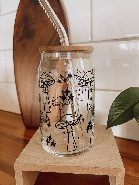Mushroom Coffee Glass Cup,aesthetic Coffee Glass Cup, Iced Coffee Glass Cup,  Beer Can Glass Cup, Mushroom Coffee Glass Cup 
