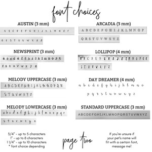 May include: A page of font choices for pet tags. The fonts are shown in uppercase and lowercase letters. The font sizes are 3 mm and 4 mm. The page also includes information about the maximum number of characters that can fit on each size tag.