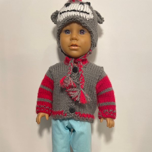 18" doll sock monkey hat, sweater and shoes set