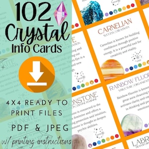 102 Cartões de Informações sobre Cristais para Imprimir, com Chakras e Signos do Zodíaco, Download Instantâneo, PDF e JPEG, Significados das Pedras Preciosas, Cura Espiritual