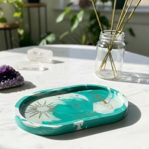 Celestial Resin Tray, Teal Swirl Decorative Dish, Cosmic Sun Moon Saturn Design, Witchy Altar Decor, Whimsical Oval Tray