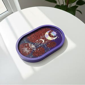 Celestial Eye Resin Tray, Purple Jesmonite Dish, Moon & Star Altar Decor, Witchy Home Decor, Holographic Glitter Tray, Gift for Her