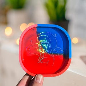 Moon Goddess Resin Tray, Holographic Trinket Dish, Red and Blue Catchall Bowl, Celestial Decor for Jewelry & Crystals, Divine Feminine Gift