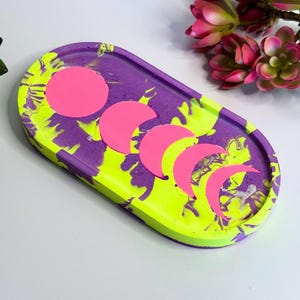 Moon Phase Tray, Neon Purple and Yellow Jesmonite Dish, Witchy Home Decor, Crescent Moon Catchall, Altar Tray, Gift for Crystal Lover
