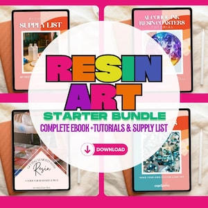 Può includere: Un'immagine rosa e bianca con un "Resin Art Starter Bundle". L'immagine mostra quattro tablet con tutorial di resina e liste di materiali. Il testo include "Complete Ebook + Tutorials & Supply List" e un pulsante di download.