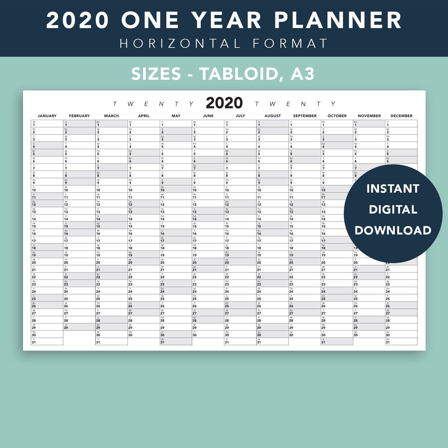 2020 365 Day Planning Calendar DIGITAL DOWNLOAD Simple One Etsy
