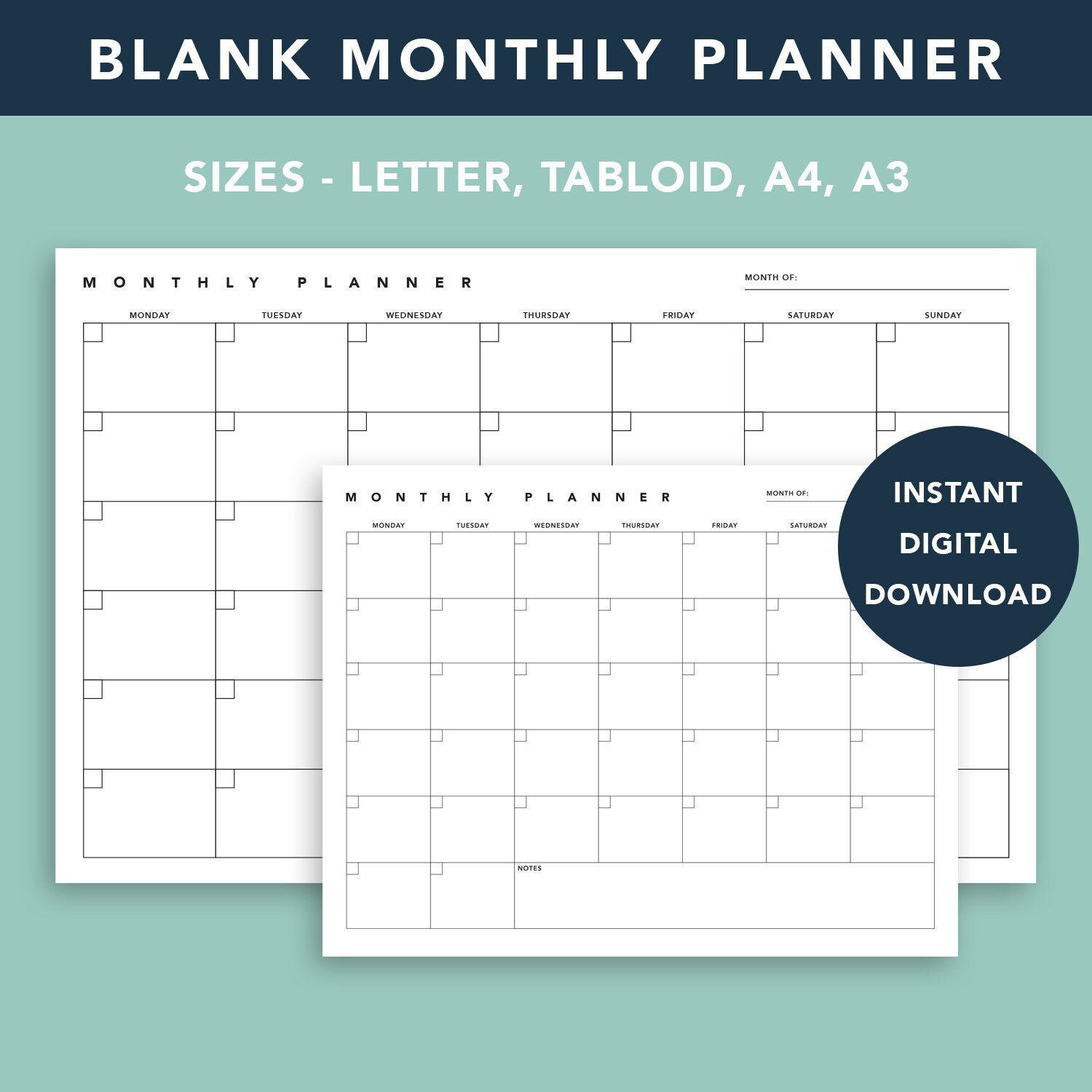 Blank Reusable Monthly Calendar DIGITAL DOWNLOAD Simple One Etsy