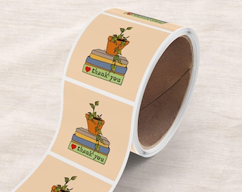 Danke Aufkleber, Pothos Pflanzen & Bücher, Verpackungsetiketten für kleine Unternehmen, handgezeichnete Illustration, Frühlingsmotiv