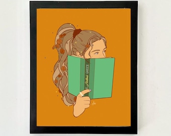 Mid-Century Modern Mädchen lesen Kunstdruck, Frühlings Dekor, Haar Illustration (digitaler Download)