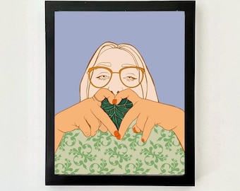 Kunst zum ausdrucken, digitaler Download, Mädchen lesen mit Brille, Frühlingsdekor, Boho botanische Illustration