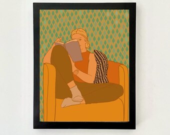 Druckbare Kunst, Frühlingskunstwerk, sofortiger digitaler Download, Frau liest Buch, Mid-Century Modern Decor