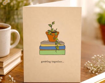 Zusammen wachsen Karte, Blumen und Stapel Bücher Illustration, Freundschaft oder Beziehung Karte, Frühling thematisch