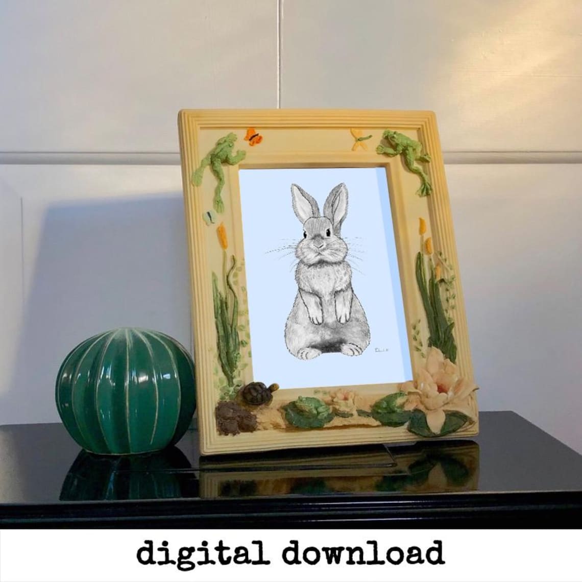 Bunny Rabbit Printable, Blue Background: Graphite Pencil Illustration (5 JPGs) Country & Farmhouse Wall Decor image 1