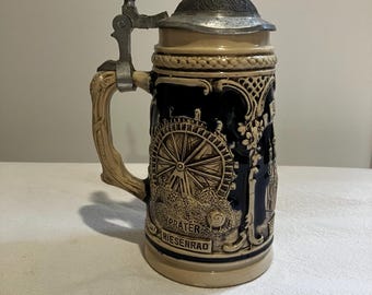 German Ceramic Beer Stein, Pewter Lid, Spanish Riding School, Riesenrad, Stephansdom Cathedral