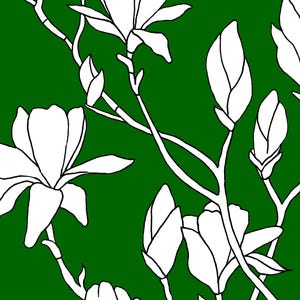 May include: A white magnolia flower branch with buds and blossoms against a dark green background.