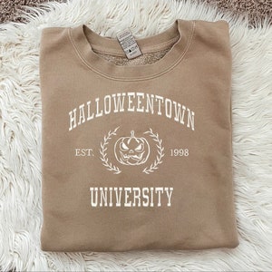 Halloweentown University Embroidered Beige Crewneck - High Quality Pullover for Fall - Spooky Designs - Unisex Cute Hoodie- Perfect Gift