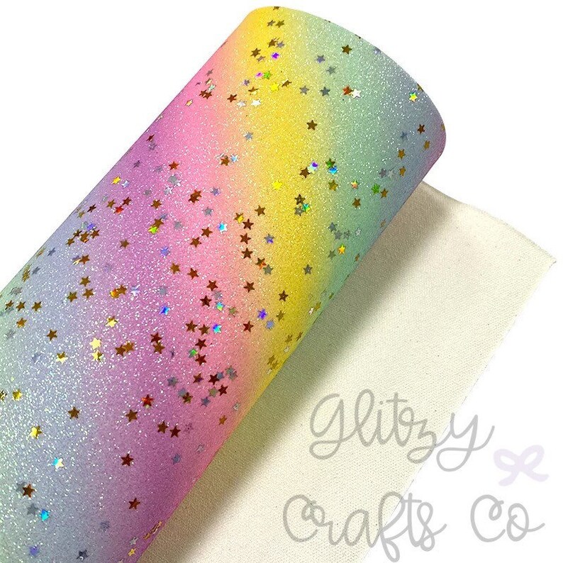 Embroidery CLOSES 219 PREORDER Pastel Rainbow with Stars Fine Glitter Canvas Fabric Bow Making