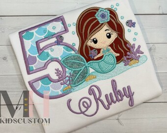 Personalized Mermaid Embroidered birthday shirt, Custom birthday shirt, mermaid birthday party